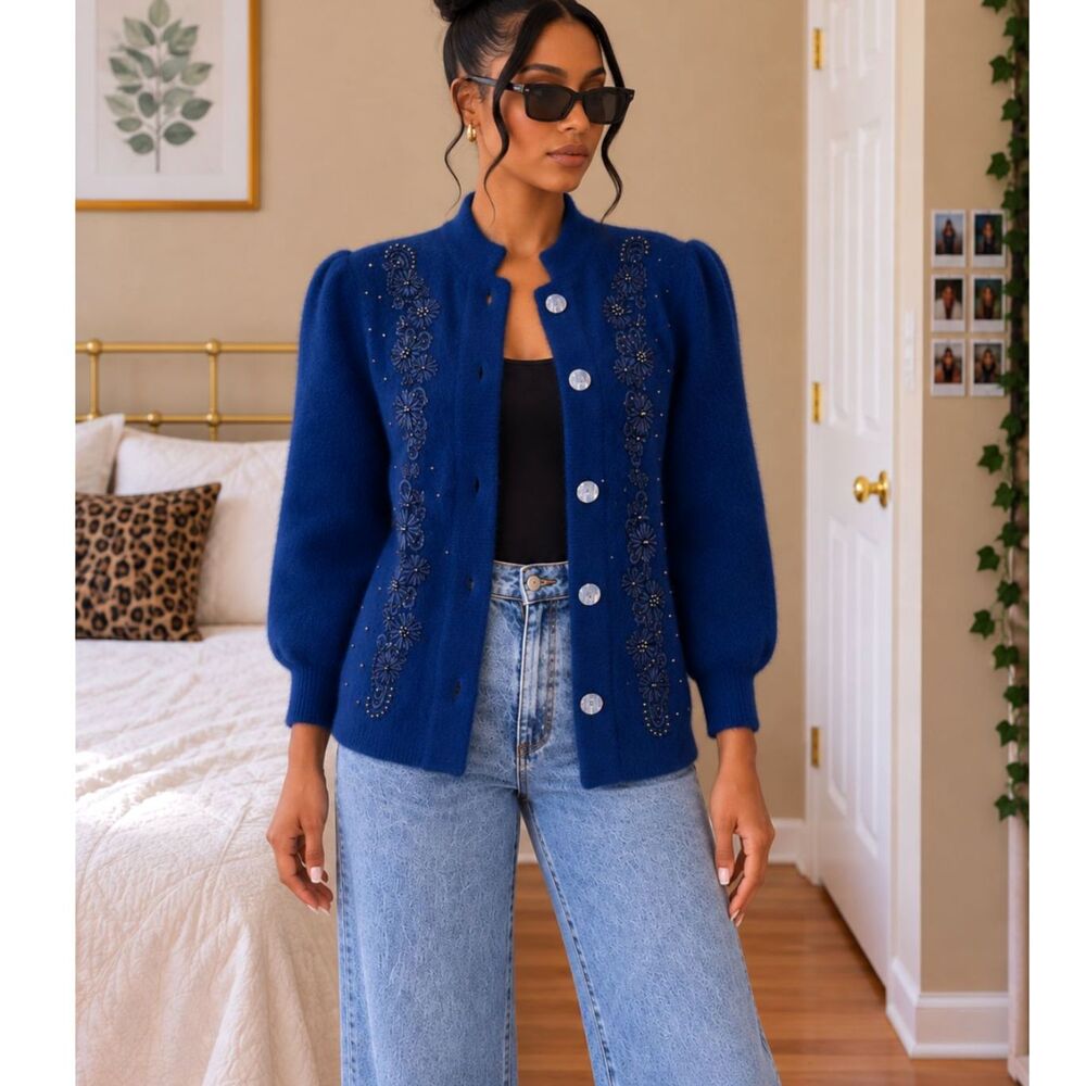 Vintage Lee Sands Womens Angora Beaded Cardigan Sweater Jacket Blue One Size